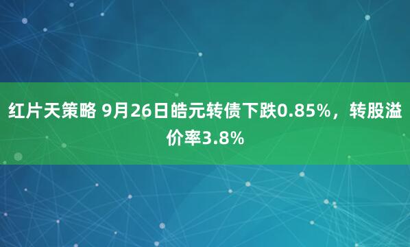 红片天策略 9月26日皓元转债下跌0.85%，转股溢价率3.8%